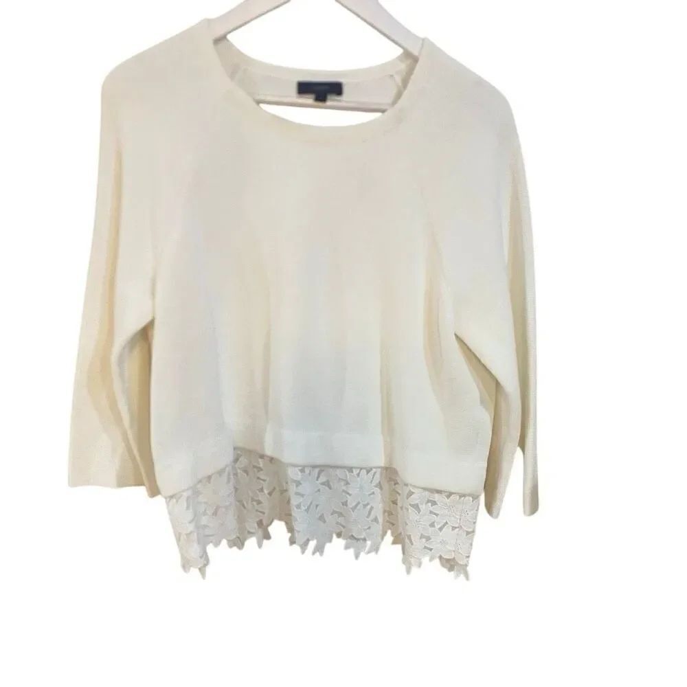J crew medium white long sleeve sweater lace bottom crew neck cotton medium